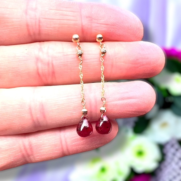 Natural Ruby Earrings Solid 14K Gold , July Birthstone , 40th Anniversary - Picture 1 of 8